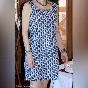 Needham Lane Lucy Piper Sleeveless Navy Blue White Patterned Shift Dress Size 6